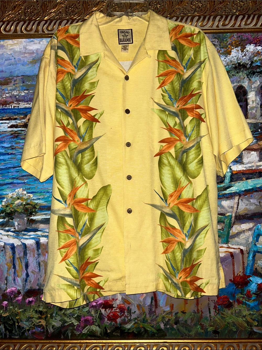 Tommy Bahama Yellow 100% silk Tropical Leaf Print Hawaiian button up Shirt